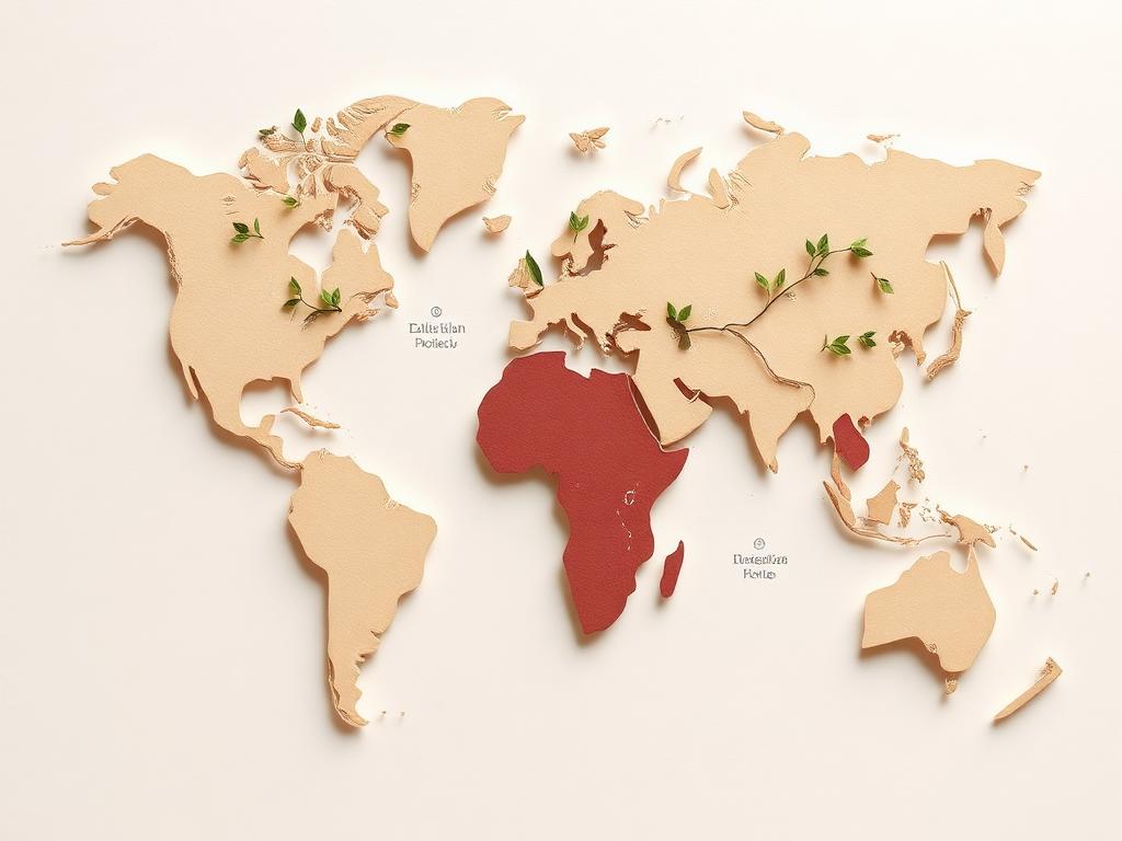 Cut-paper world map with vine leaves